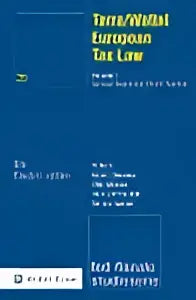 Blauw academisch leerboek over european tax law met witte tekst en minimalistisch ontwerp