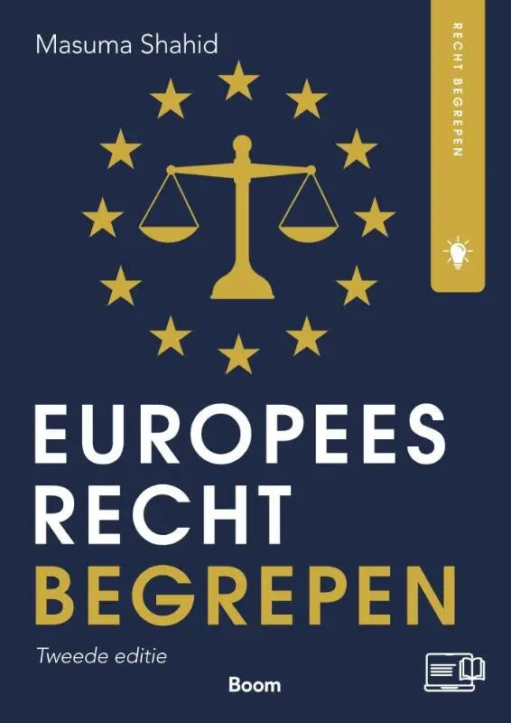 Donkerblauwe boekcover van Europees recht begrepen met gouden rechtvaardigheidsschaal en tekst van Masuma Shahid