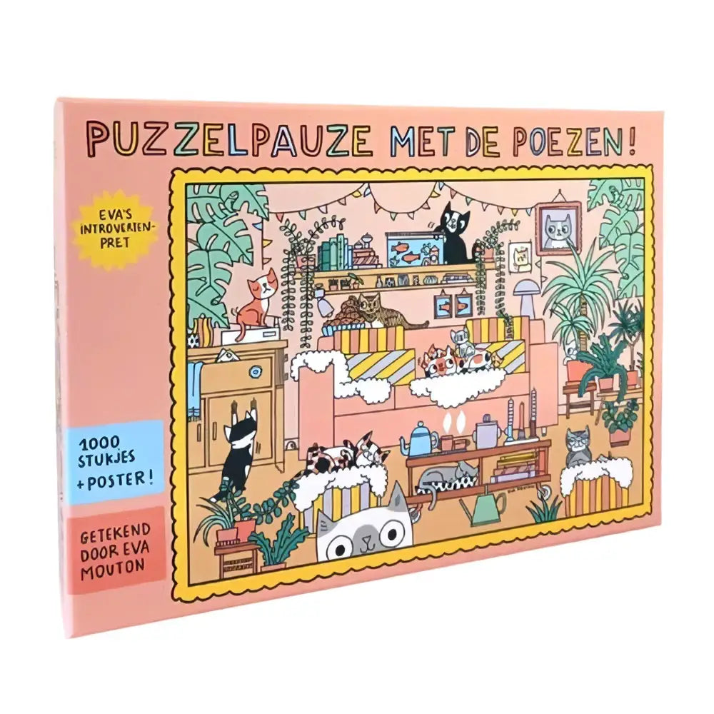 Roze puzzelbox eva’s introvertenpret van eva mouton met een vrolijke illustratie van katten in een gezellig plantenrijk interieur