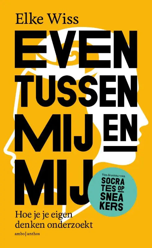 Gele boekcover van even tussen met zwarte tekst en witte silhouet van een gezicht