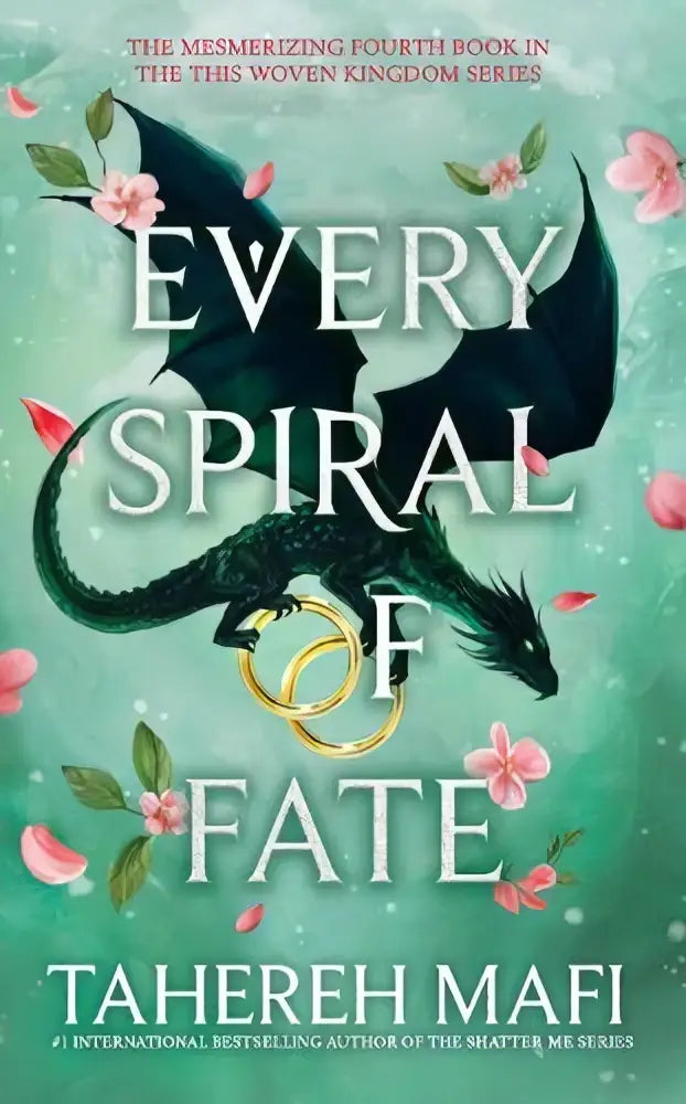 De boekcover van every spiral of fate door tahereh mafi toont een donkergroene draak met gouden ringen voor harpercollins publishers
