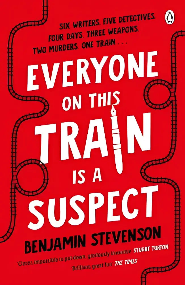 Rood hardcover boek everyone on this train is a suspect met witte tekst en gestileerde pen afbeelding van benjamin stevenson