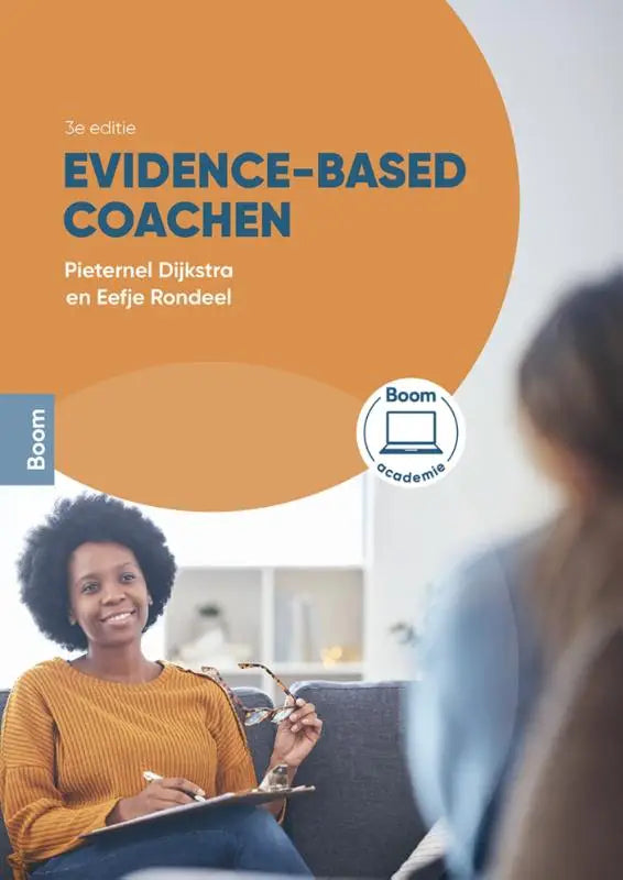 Cover van het derde editie boek evidence-based coachen door pieternel dijkstra en eefje rondeel in oranje en blauw