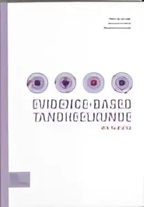 Boekcover van evidence based tandheelkunde met zwarte tekst op witte achtergrond en circulaire pictogrammen boven de titel