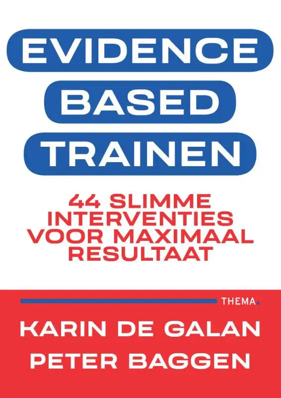 Blue and red book cover with white text evidence-based trainen by karin de galan and peter baggen focusing on slimme interventies