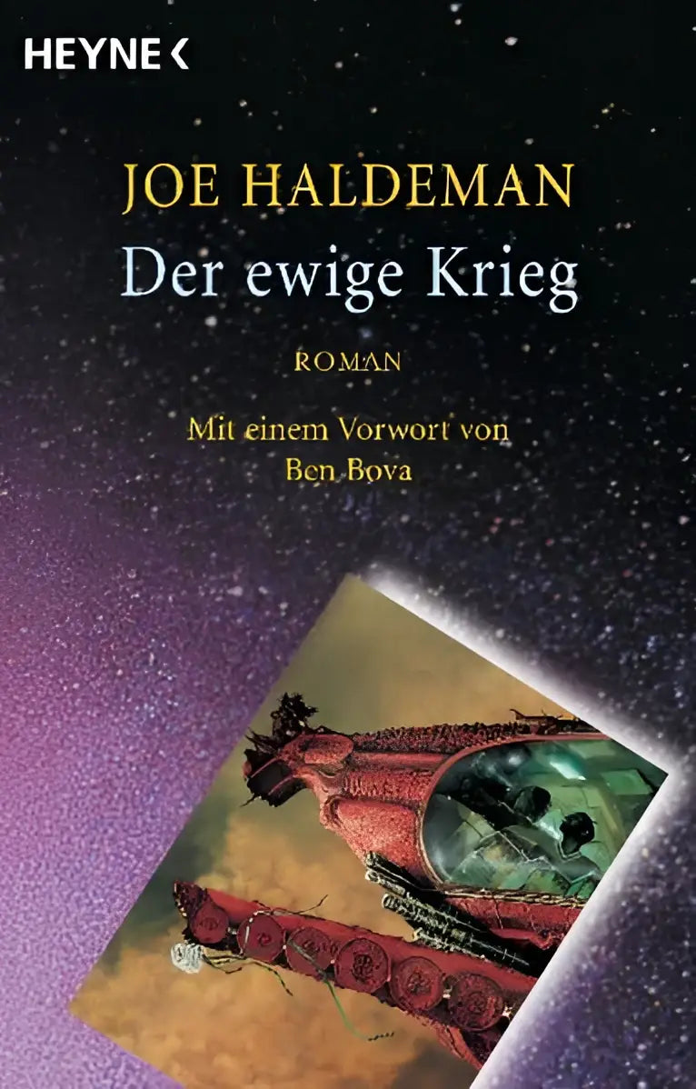 De boekcover van der ewige krieg toont een rood gepantserd luchtschip met groene ramen tegen een paarse hemel heyne-bücher science-fiction