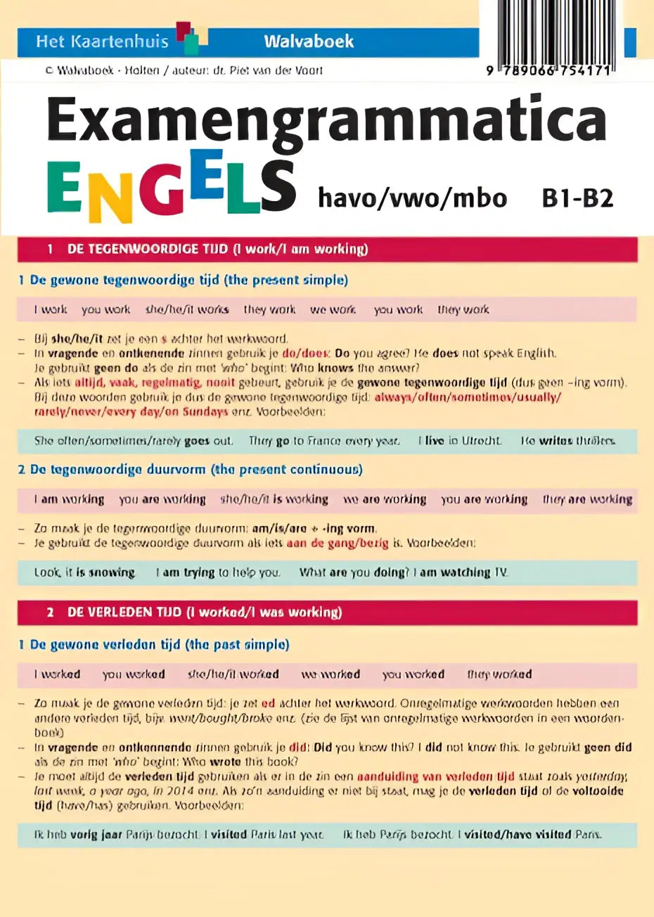 De achterzijde van examengrammatica engels toont een kleurrijke tekst en leskoppen voor grammaticatraining