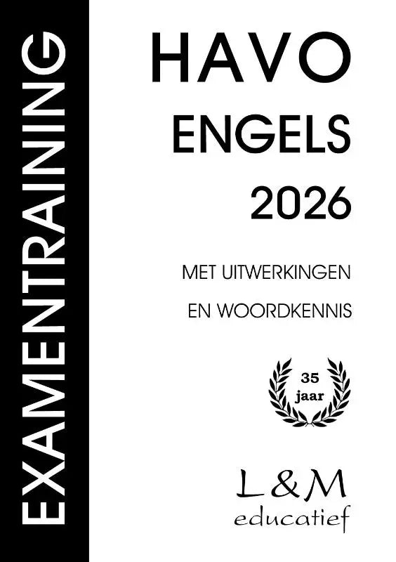 Zwarte en witte boekomslag van havo engels 2026 door l&m educatief met vetgedrukte typografie en lauwerkrans voor examentraining