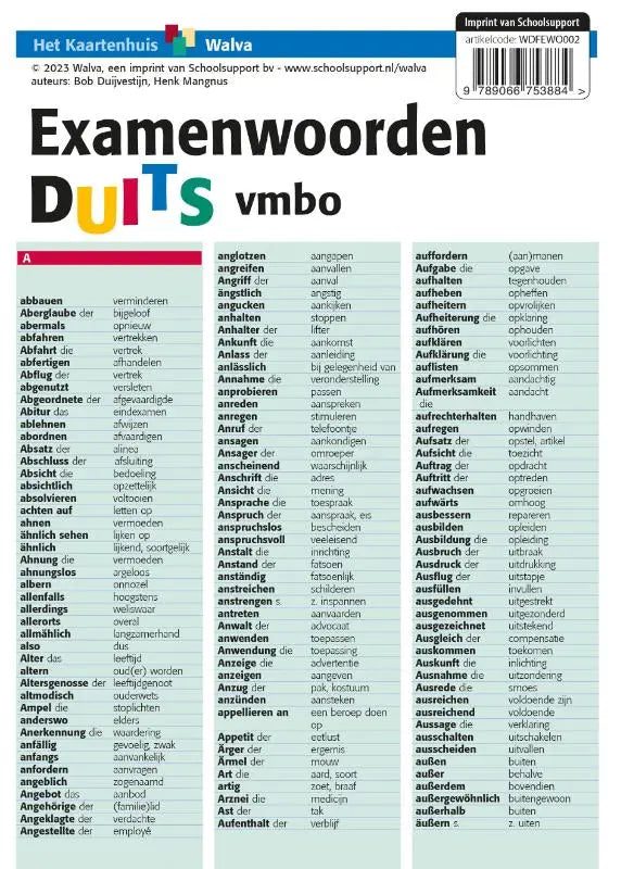 Examenwoorden duits studieblad voor vmbo leerlingen met zwart tekst en gekleurde accenten op wit papier