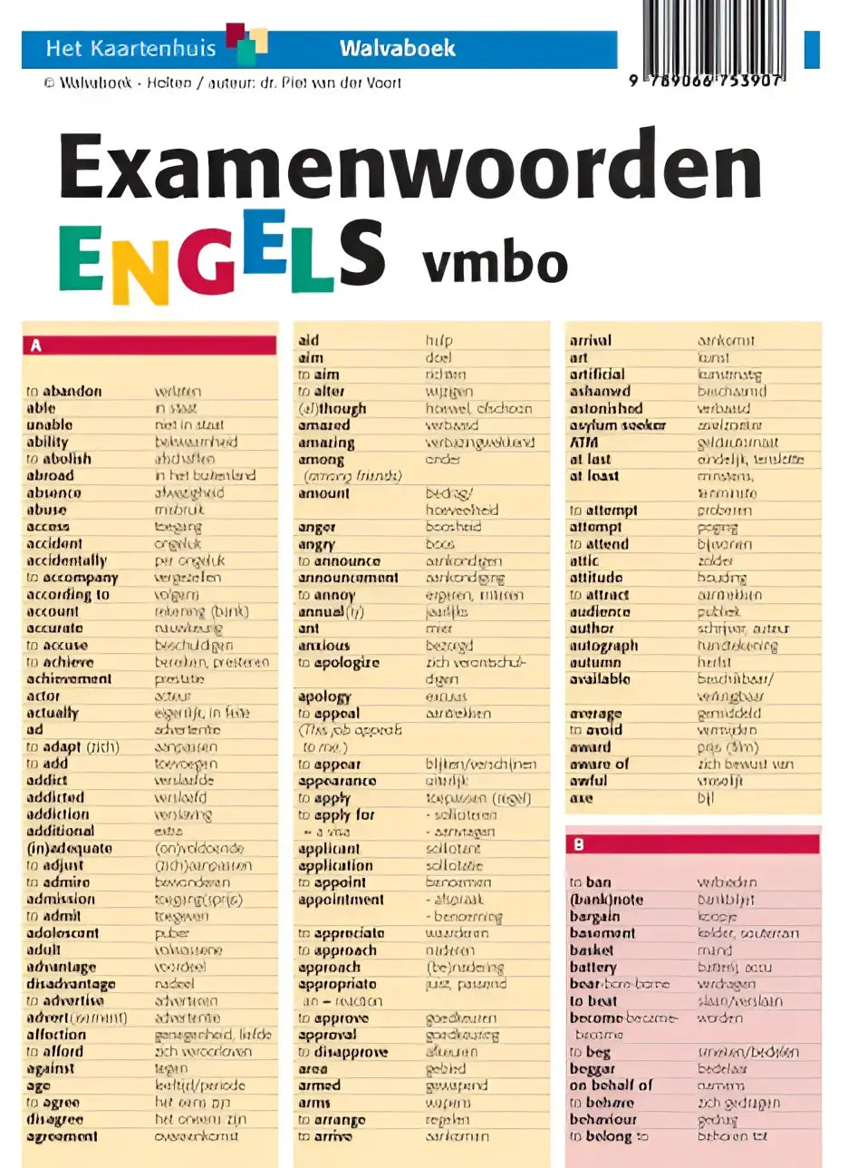 Dit is een examenwoorden engels studiehandleiding met kleurrijke tabs en georganiseerde woordenlijsten op een gelamineerde pagina