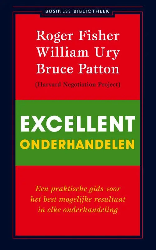 Red en groene hardcover boek excellent onderhandelen van roger fisher bruce patton en william ury met witte en gele tekst