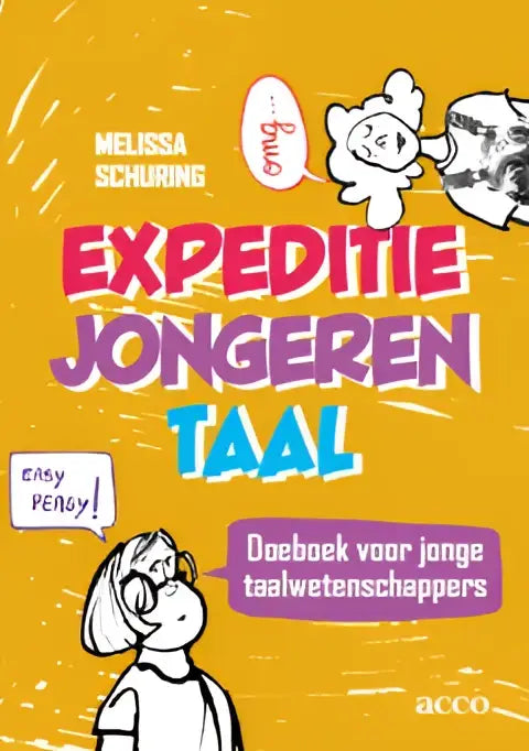 De cover van expeditie jongerentaal doeboek voor jonge taalwetenschappers heeft een geel achtergrond met roze en blauwe tekst