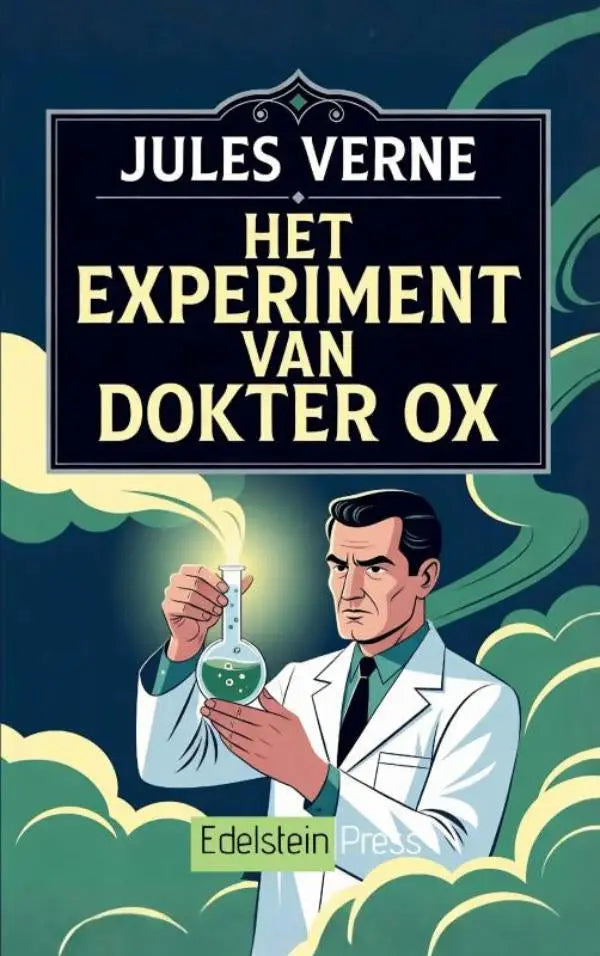 De cover van het boek het experiment van dokter ox toont een satirische klassieker over menselijk gedrag en verborgen kracht met een cartoonwetenschapper in witte jas