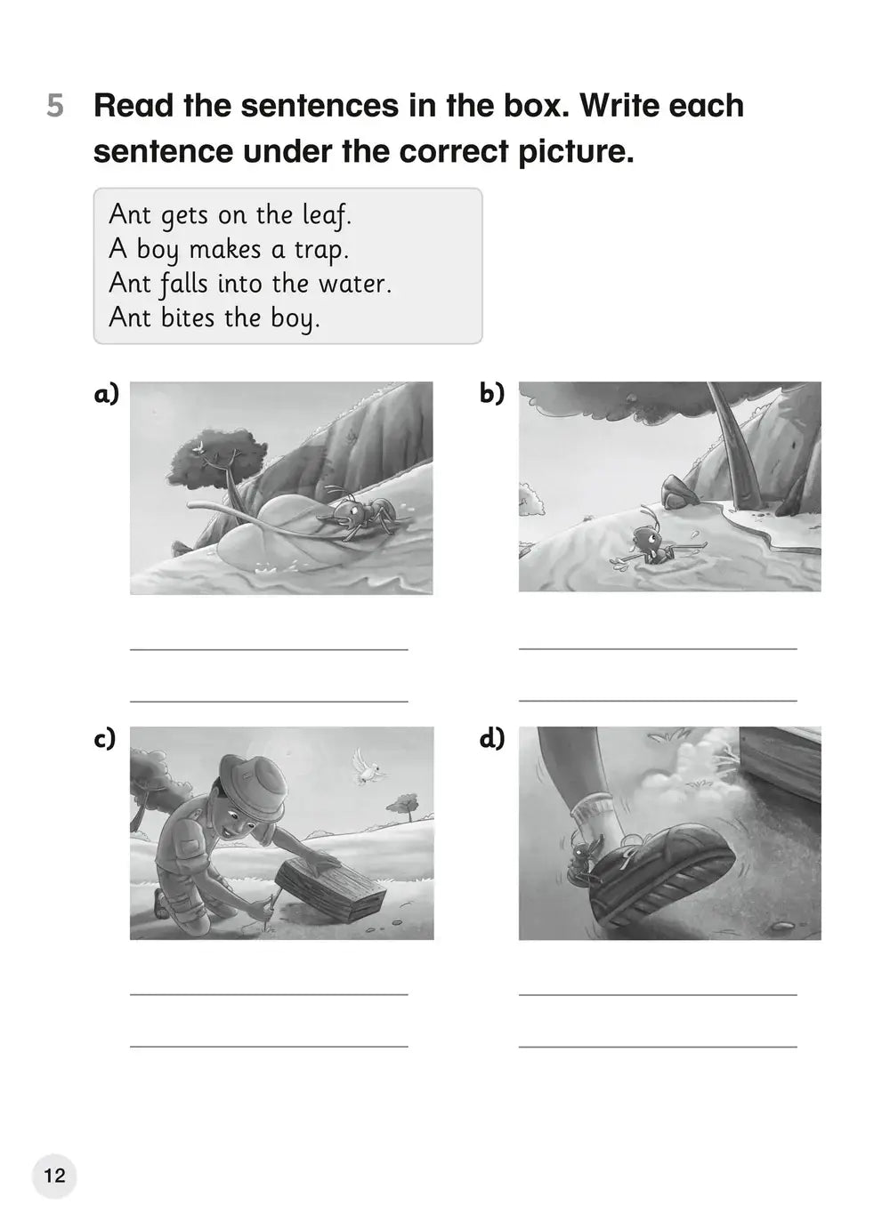 Zwart-wit geïllustreerd kinderenwerkblad met vier gelabelde scènes uit een mier en jongen verhaal in cambridge primary english second language curriculum teacher’s guide