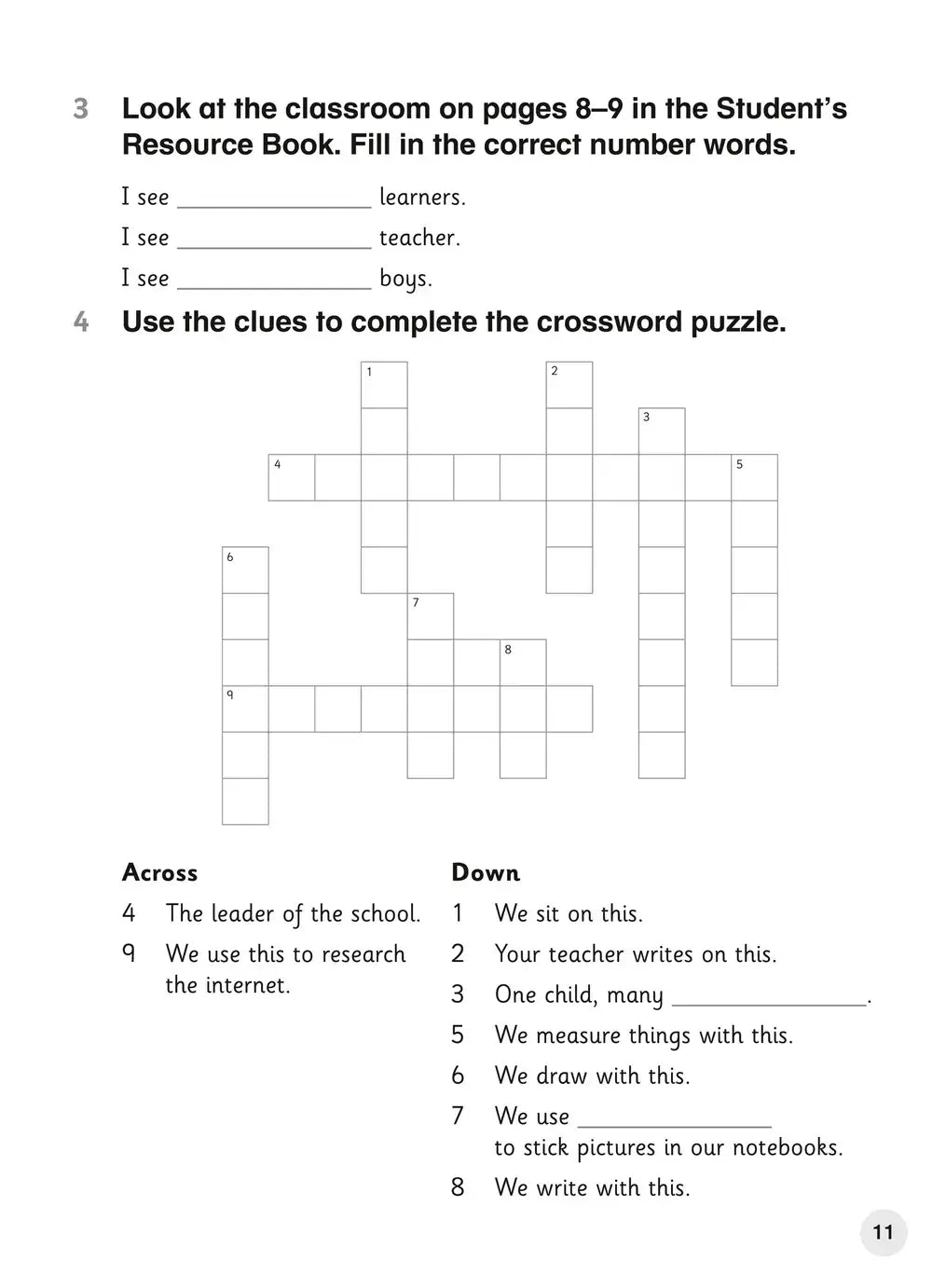 Black and white crossword puzzle worksheet with numbered clues for across and down in explore english student coursebook 3