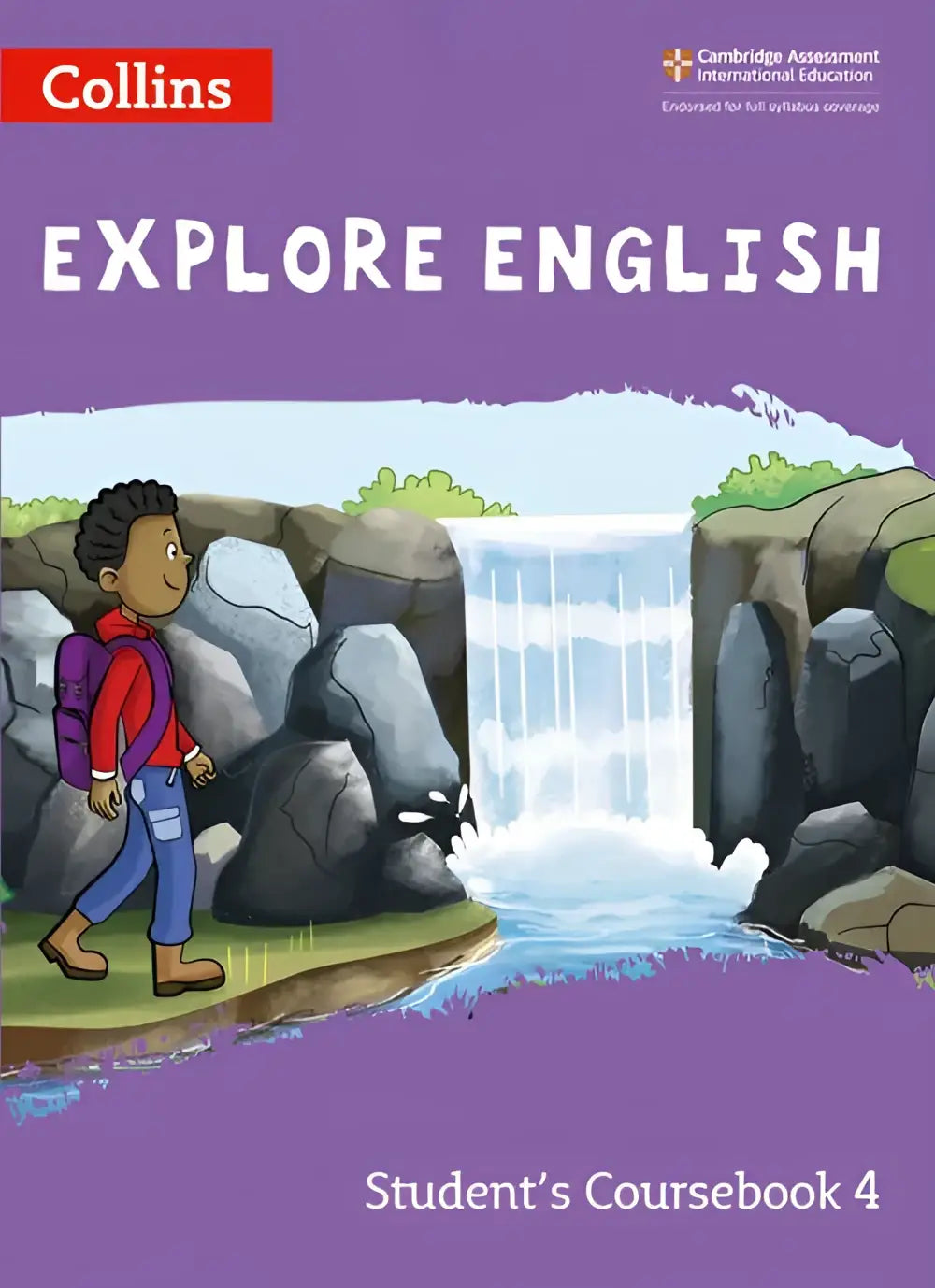 Explore english students coursebook 4 tweede editie met paarse omslag en cartoon jongen bij waterval