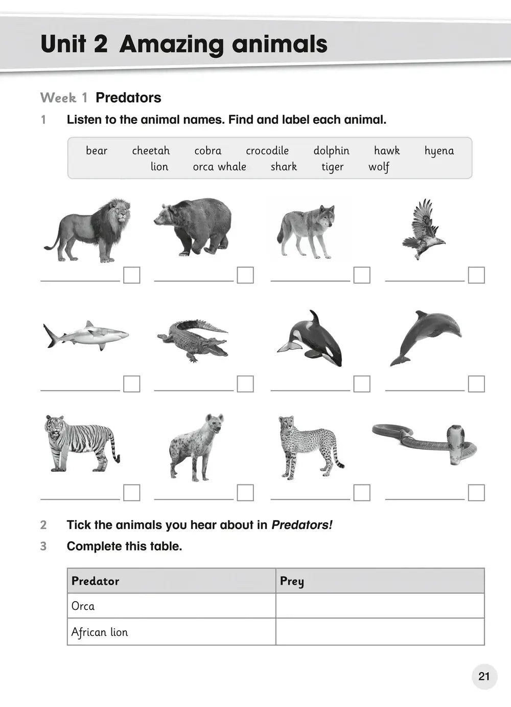 Zwart-wit werkblad uit collins explore english unit 2 amazing animals met dierenlabels en matchoefeningen voor predators in cambridge primary english teacher’s guide
