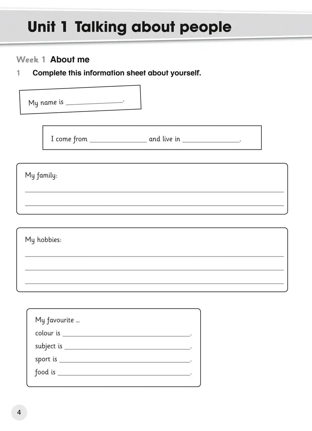 Educatieve zwart-wit worksheet unit 1 talking about people in collins explore english cambridge primary english teachers guide