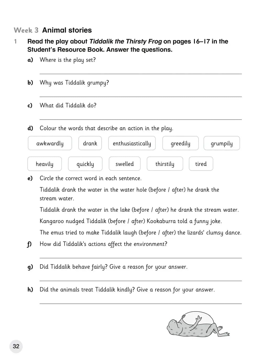 Illustratie van de verzadigde kikker tiddalik in zwart-wit in collins explore english student’s coursebook 5 editie twee