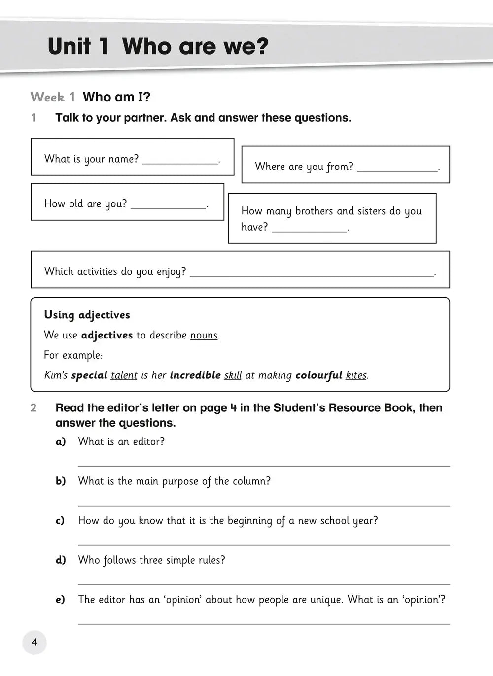 Dit is een zwart-wit educatief werkblad van unit 1 wie zijn wij met oefeningen over persoonlijke informatie voor collins explore english cambridge primary english en teachers guide
