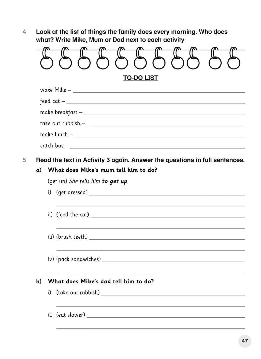 Zwart bedrukte werkblad met leesbegripsoefeningen voor kinderen uit collins explore english students coursebook 6 tweede editie
