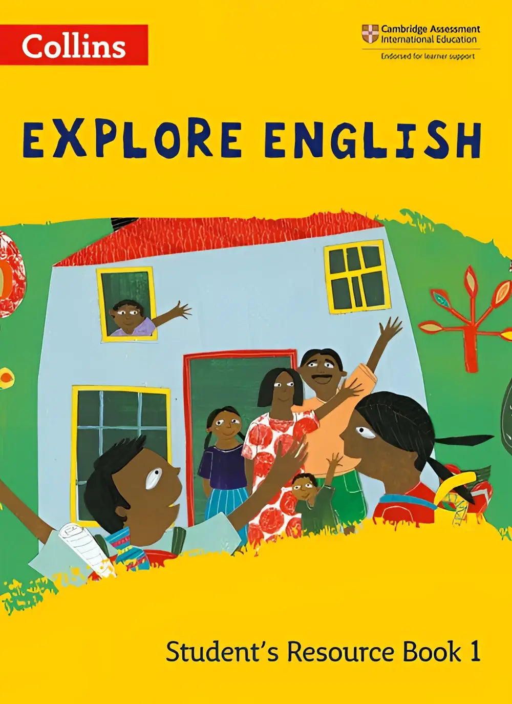 Heldere gele omslag van explore english students resource boek 1 met kleurrijke illustratie van mensen bij een huis