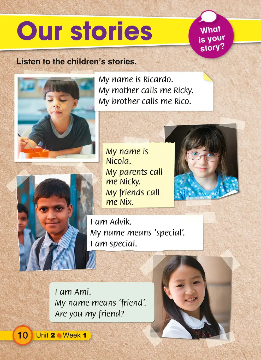 Pagina uit childrens storybook van explore english students resource book 1 met vier kinderen en hun verhalen