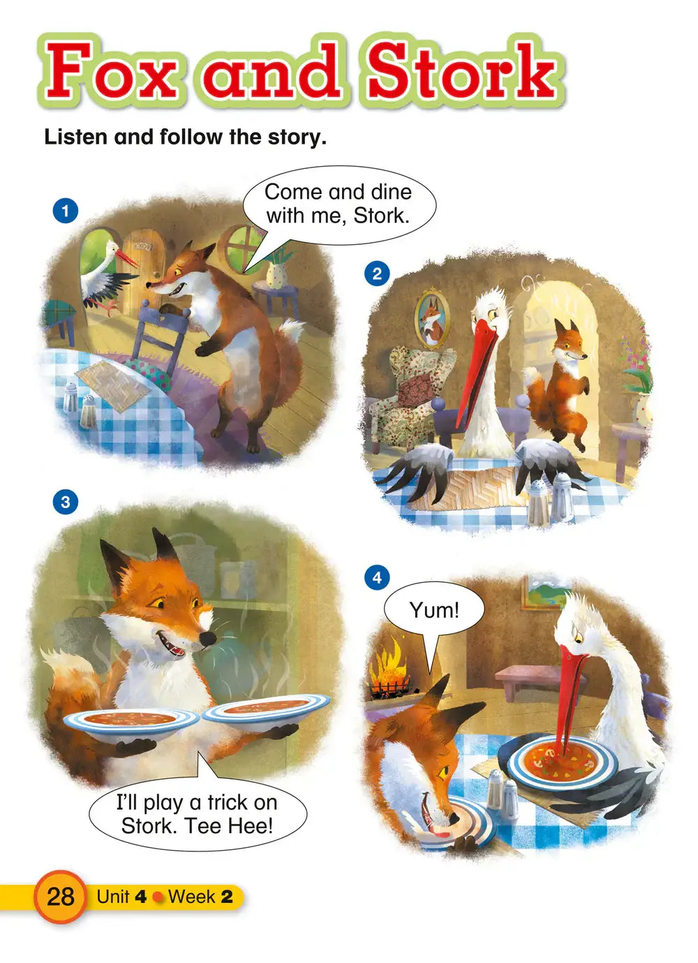 Kinderlijk geïllustreerde pagina uit het verhaal vos en ooievaar met kleurrijke cartoonfiguren en spreukballonnen in explore english students resource book 1 tweede editie