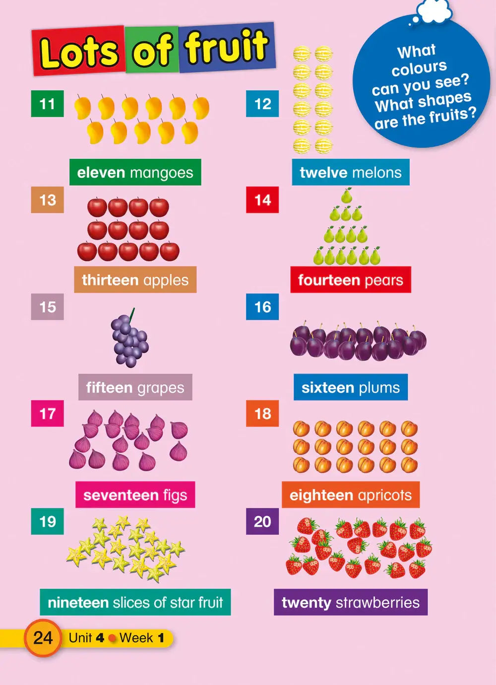 Roze educatief werkblad met geïllustreerd fruit en nummers uit explore english student’s resource book 1 tweede editie