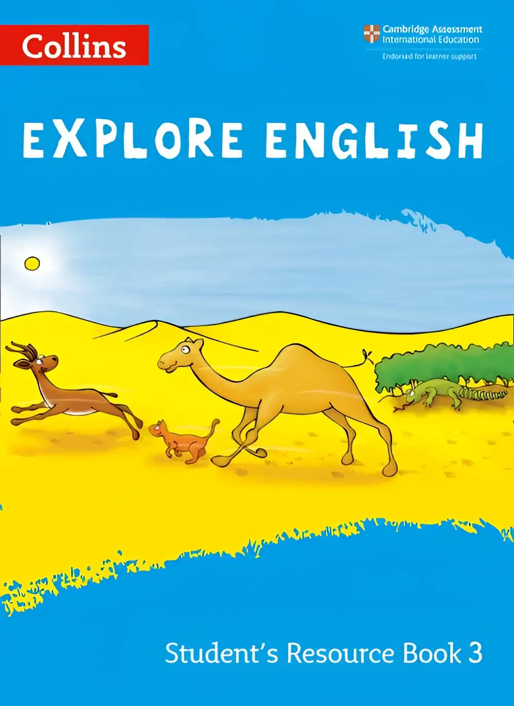 Explore english students resource book 3 second edition met felblauwe kaft en cartoon dieren in woestijnscène