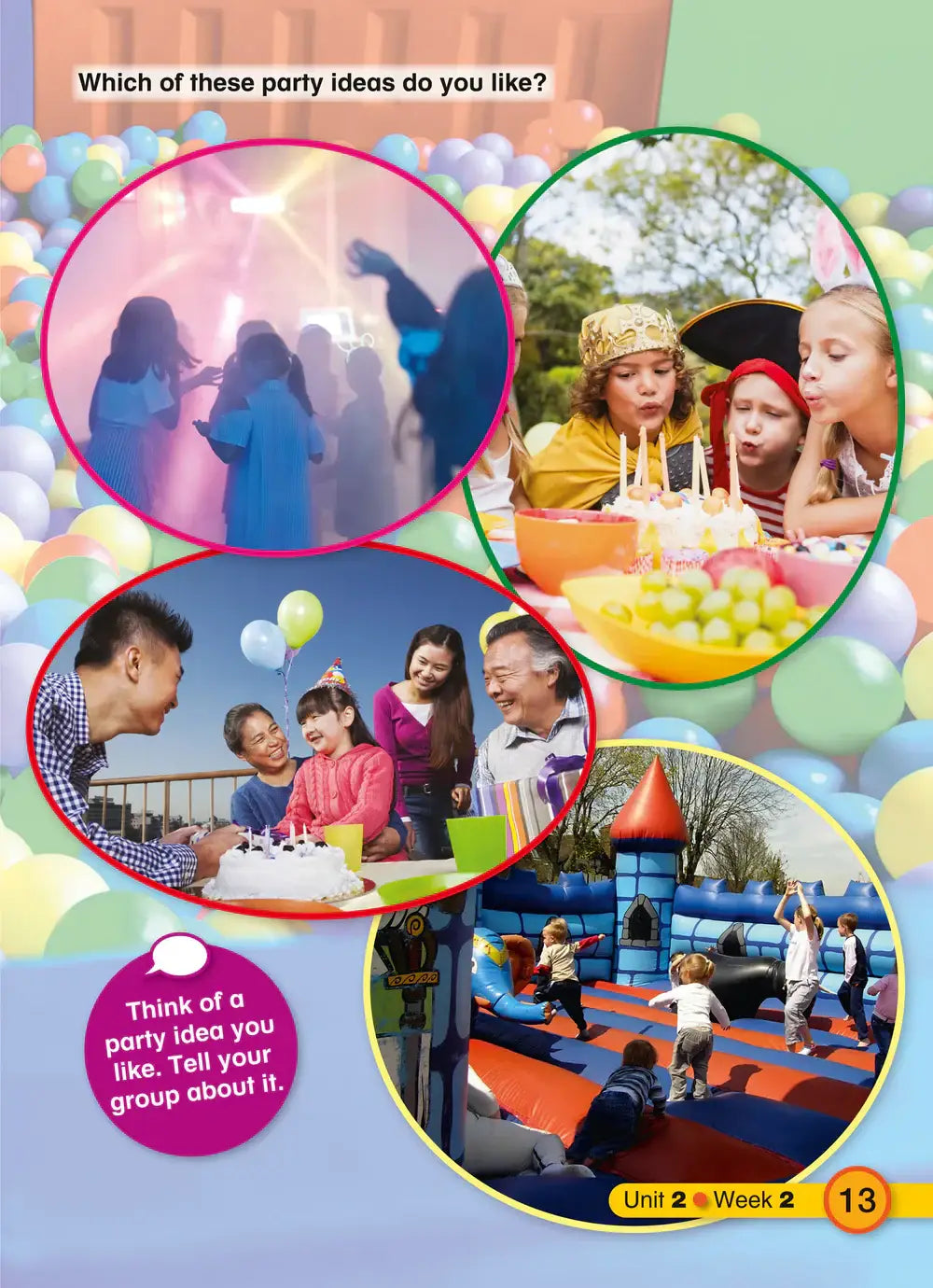 Kleurrijk opblaasbaar springkasteel met rood dak en blauw muren in explore english students resource book 3 tweede editie