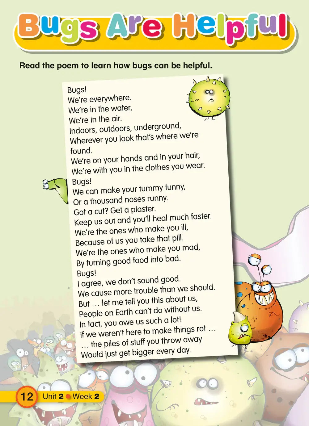 Een kleurrijke educatieve pagina uit explore english students resource book 4 met een gedicht over nuttige insecten