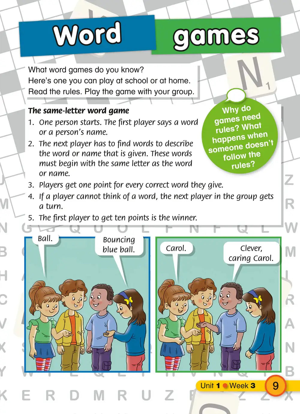 Educational worksheet from explore english students resource book 4 second edition featuring same letter word game with illustrations and instructions for children