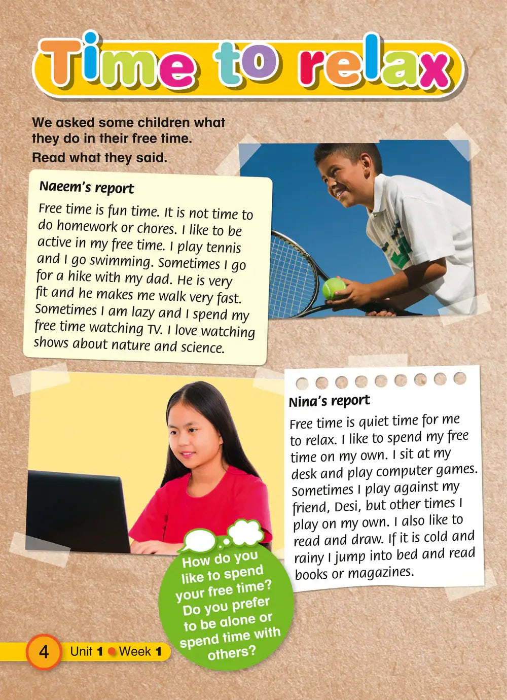De pagina time to relax uit Explore English student’s resource book 4 toont leerlingenrapporten en ontspannende activiteiten