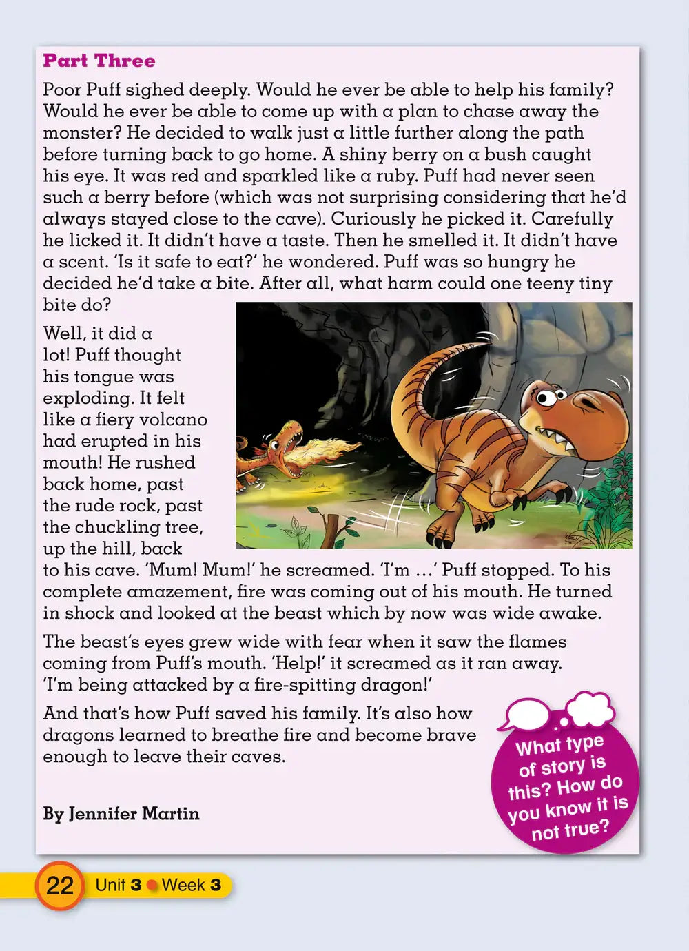 Cartoonillustratie van een bruin gestreepte draak die vlammen spuwt op de voorkant van explore english students resource book 4 tweede editie
