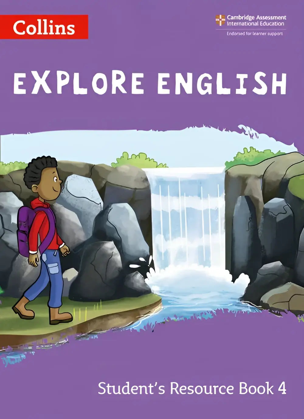 Paars omslagen explore english students resource book 4 met cartoon jongen in rood shirt bij waterval
