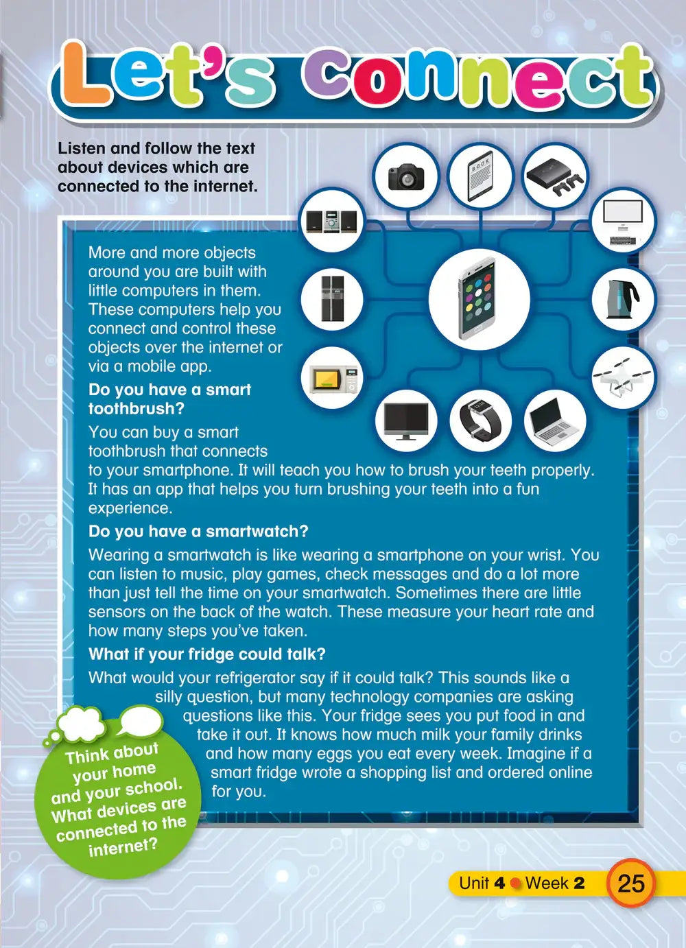 De kleurrijke educatieve worksheet in collins explore english students resource book 5 toont smartapparaten voor cambridge primary english