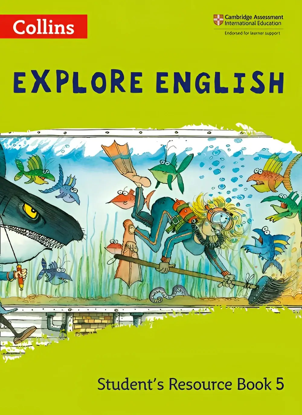 Heldergroene omslag van collins explore english students resource book 5 met een cartoon van een onderwater scène met duikers en vissen