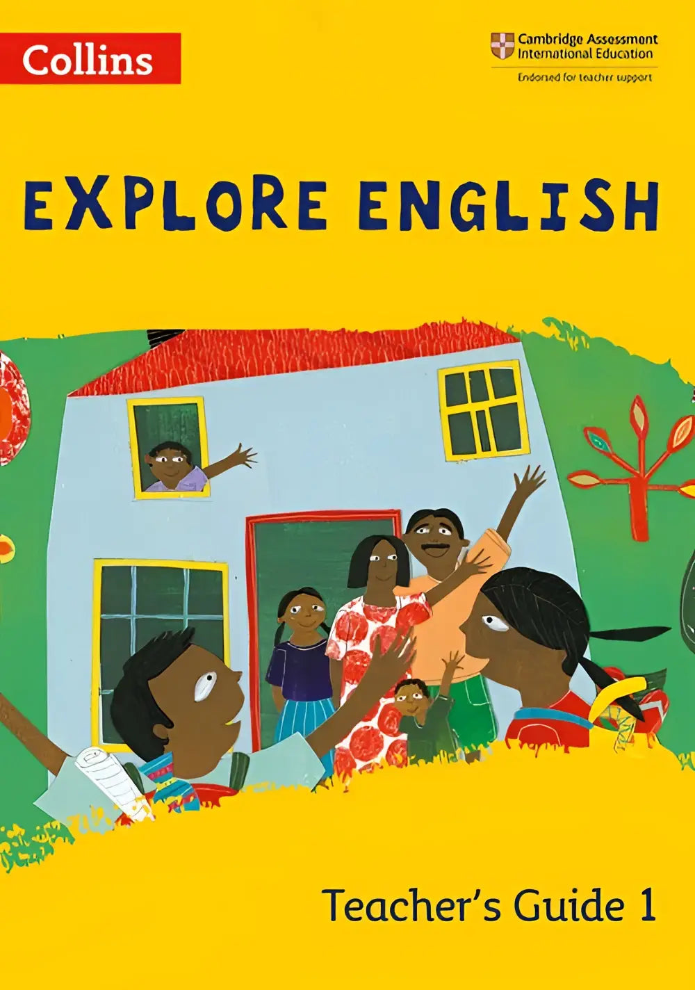Felgeel omslag van de collins explore english teacher’s guide 1 met kleurrijke illustratie van mensen rond een huis