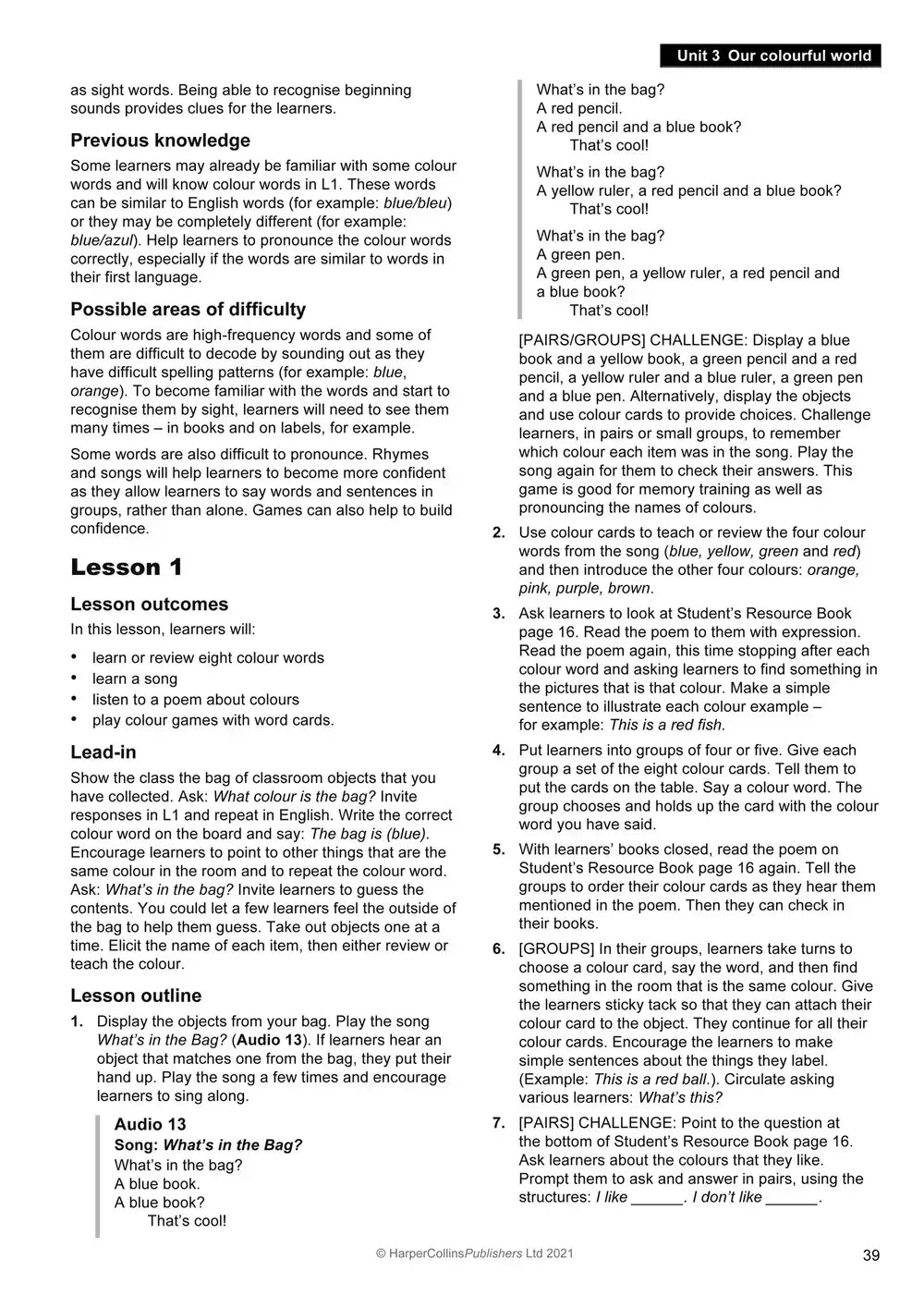 Een pagina uit explore english teachers guide 1 met gedetailleerde lesplannen over kleuren in het curriculum framework