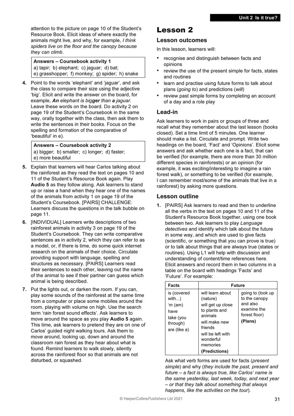 De pagina uit explore english teachers guide 4 toont lesoverzicht en activiteiten volgens collins explore english curriculum framework