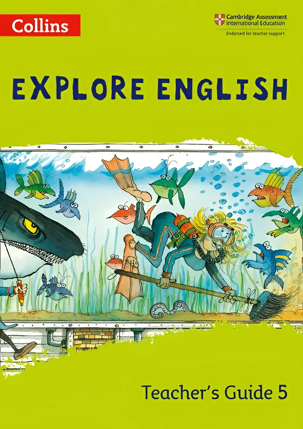 Heldergroene omslag van collins explore english teacher’s guide 5 met cartoon van duikers en vissen onder water