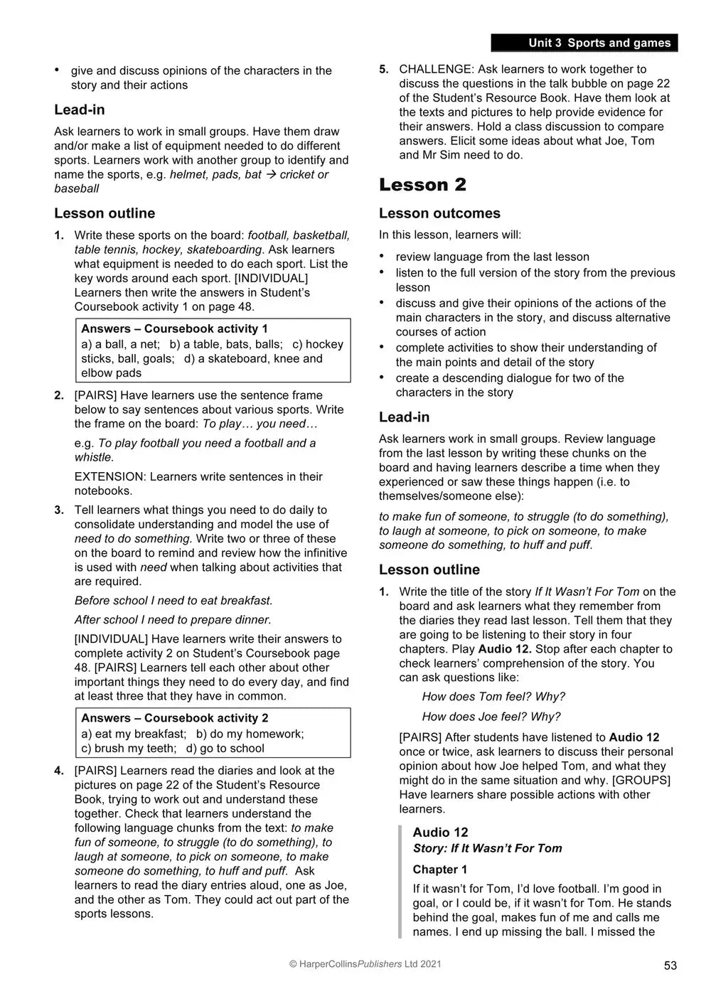 Een zwart wit gedrukt educatief werkblad uit collins explore english teachers guide 5 tweede taal curriculum framework unit 3 sports and games