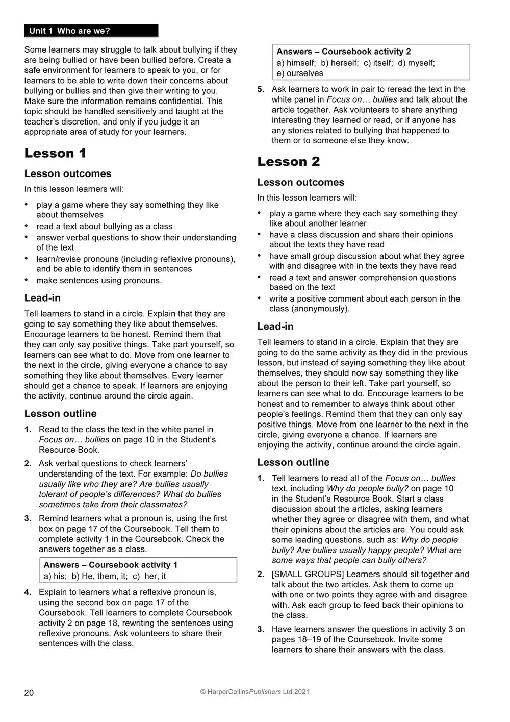 Dit is een zwart-wit educatief werkblad van HarperCollins Publishers Ltd met lesplannen over pesten uit Explore English Teacher’s Guide 6 tweede editie