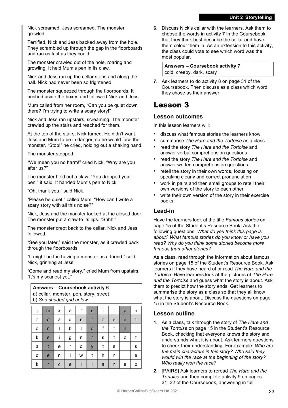 Dit is een zwart-wit educatief werkblad van harpercollins publishers ltd met lesplannen en activiteiten over het verhaal de haas en de schildpad uit explore english teachers guide 6 tweede editie
