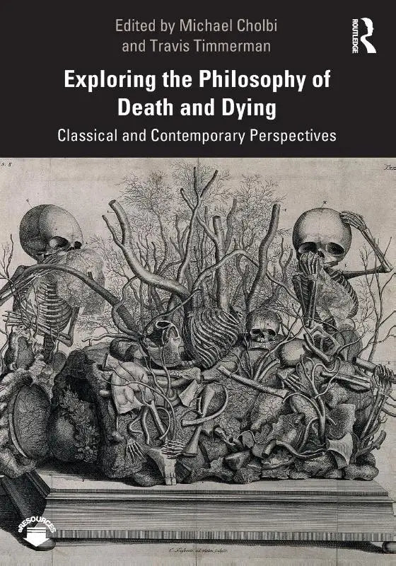 Zwart-witte geïllustreerde boekcover met gedetailleerde gravure van skeletten tussen takken over de filosofie van dood en sterven