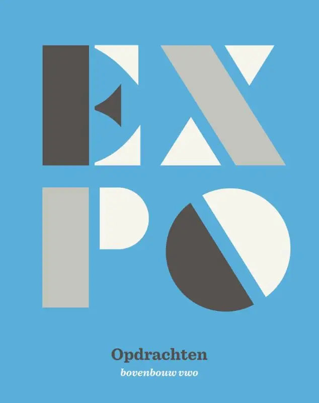 Blauwe achtergrond met geometrisch gestileerde expo letters in grijs wit en donkerbruin voor expo beeldende vakken