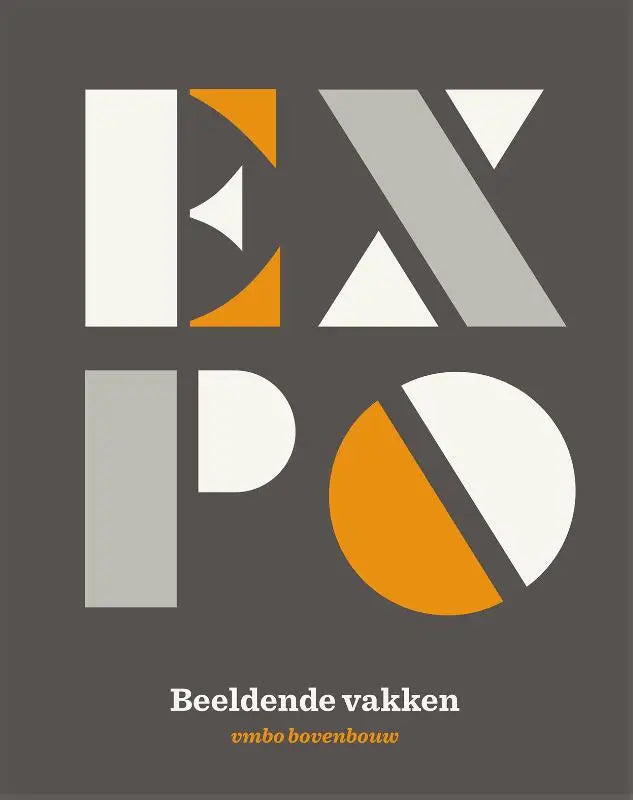 De productexpo toont een minimalistisch ontwerp met expo in wit, grijs en oranje geometrische letters