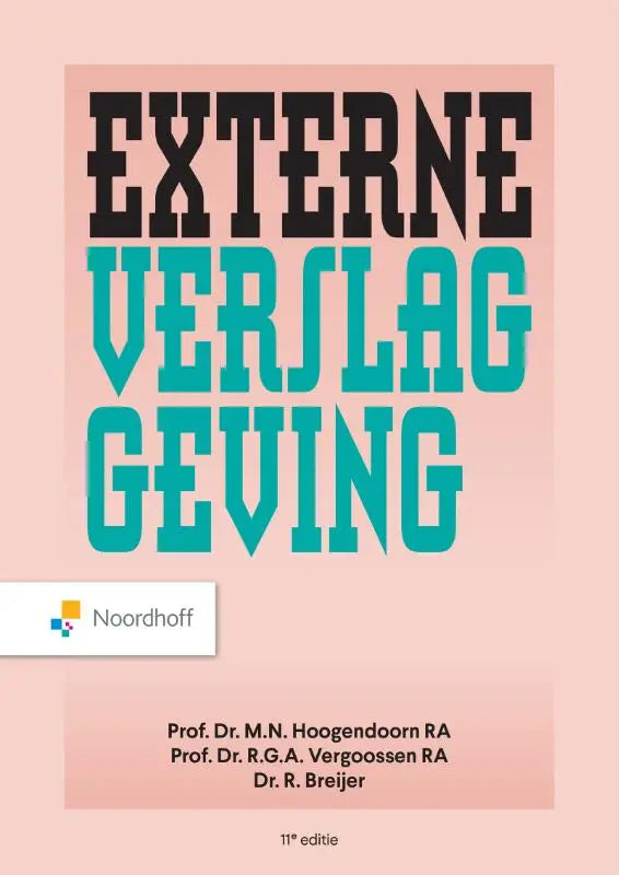 De cover van het boek externe verslaggeving 11e editie van noordhoff met zwarte en teal letters op een zachte roze achtergrond