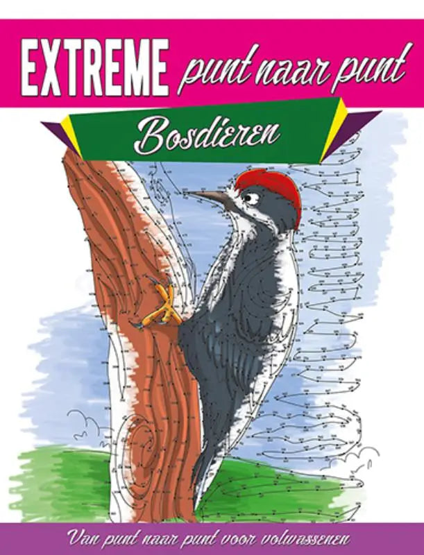 A vibrant red-capped woodpecker in extreme punt black and white line art with colored accents from punt bosdieren for adults